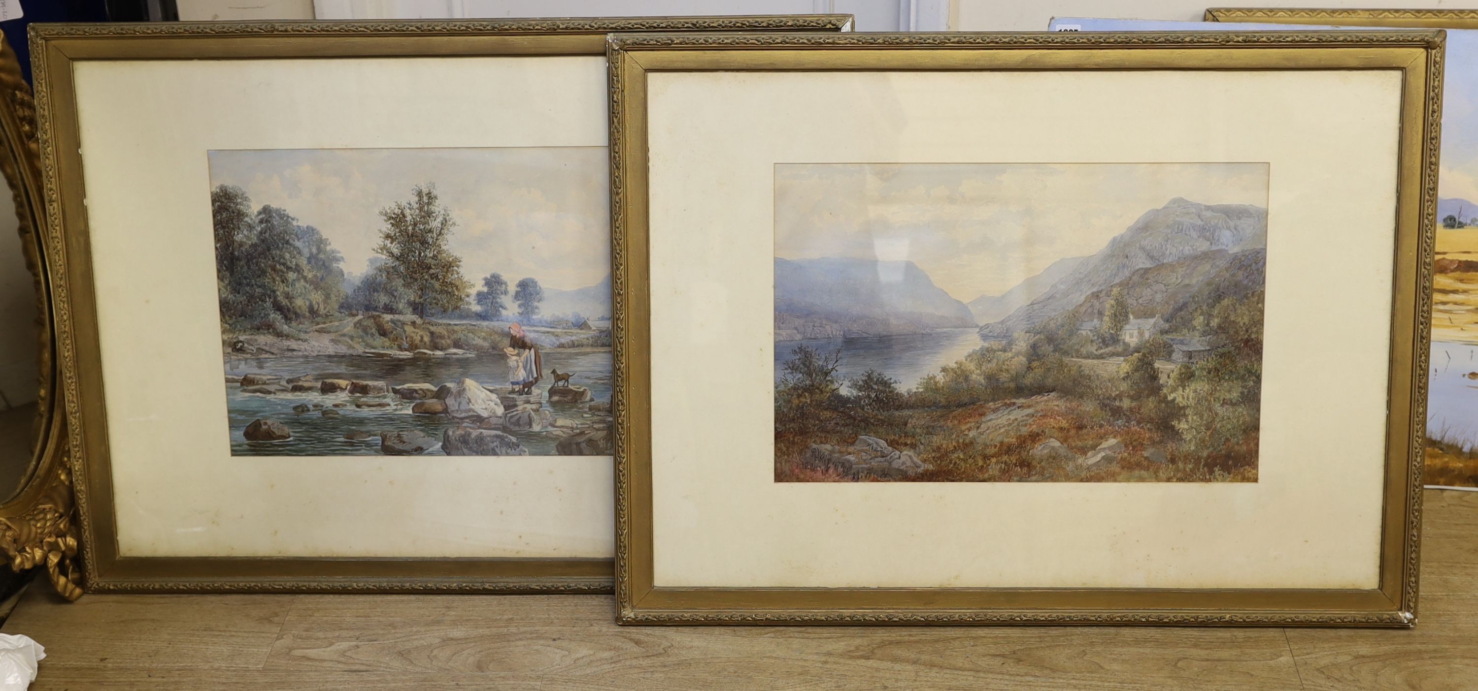 Richard Wane (1852-1904), pair of watercolours, Mother and child on stepping stones and Coastal valley, signed and dated 1877, 38 x 56cm